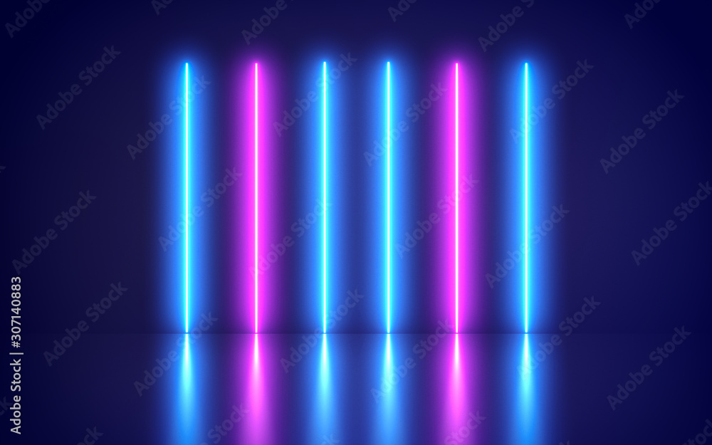 Poster futuristic abstract blue and purple neon line light shapes on colorful background and reflective wit