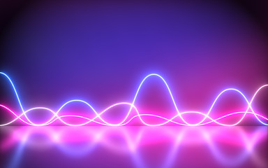 Futuristic Abstract Blue And Purple Neon Wave motion Light Shapes On colorful background and reflective. Waves sound