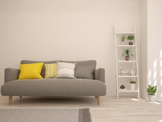 Stylish room in white color with comfortable sofa. Scandinavian interior design. 3D illustration