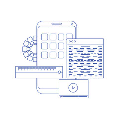 App development and web design: layered user interfaces and screens on a touch screen smartphone. Concept of line icon