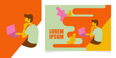 Minimalist vector flat character design on businessman working in office behind her desk with laptop. Man using laptop. Colorful vector illustration for website design or landing web page banner