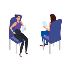 beautiful women sitting in chairs isolated icon vector illustration design