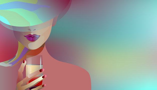 Abstract vector drawing of woman in  floral hat , in hand glass of cocktail, color print design, free background for text, cool girl, lady and drinks, neon makeup