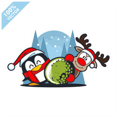 Golf ball santa hat with cartoon christmas penguin and deer logo vector