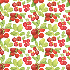Watercolor cowberry seamless pattern. Hand drawn branch with red berries and leaves on white background. Forest plant for design, cards, invitations, wallpaper, wrapping, textile, food packaging.