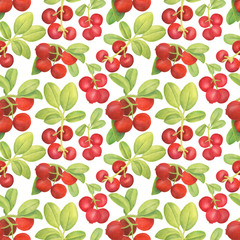 Watercolor cowberry seamless pattern. Hand drawn branch with red berries and leaves on white background. Forest plant for design, cards, invitations, wallpaper, wrapping, textile, food packaging.