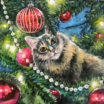 hand drawn oil picture - Cat on Christmas tree. Fluffy cat on a fir among red glass balls. Naughty cute kitten. New Year greeting card. Oil painting with funny pet.