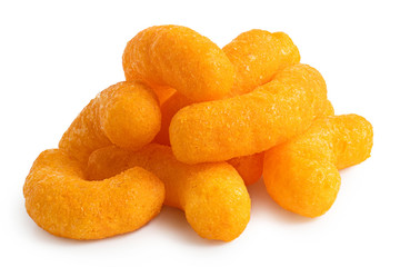 Pile of extruded cheese puffs isolated on white. - obrazy, fototapety, plakaty
