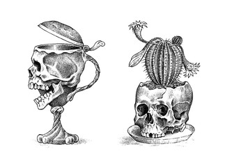 Fototapeta premium Human skull in the form of a wine goblet and cactus. Retro old school sketch for tattoo in vintage style. Monochrome Symbol. Hand drawn engraved retro badge for t-shirt, banner, poster and logo.