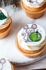 New Year's cake. Symbol of 2020 mouse. Christmas sweet background.