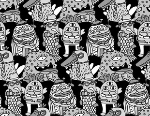 Group fashion aliens different freaks grayscale seamless pattern