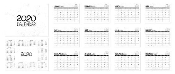Calendar 2020 year. Desctop calendar design. Month planner. Grunge trendy background. Life or business planner. Place for notes. Printable template.
