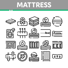 Mattress Orthopedic Collection Icons Set Vector Thin Line. Bedding Soft Mattress With Memory For Support Healthy Spine From Foam Material Concept Linear Pictograms. Monochrome Contour Illustrations