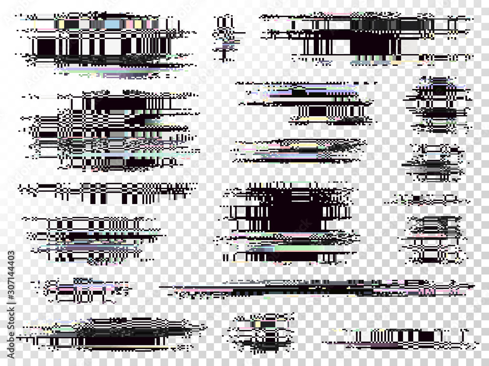 Poster glitch elements set. computer screen error templates. digital pixel noise abstract design. video gam