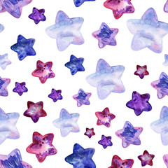 Seamless watercolor pattern with colorful stars. Cute delicate pattern on a white background. Raspberry, lilac, blue starlets are hand-drawn.