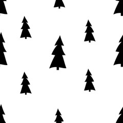 Fototapeta premium Seamless pattern background of black Christmas trees in a simplified Scandinavian style on a white background