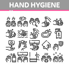 Hand Healthy Hygiene Collection Icons Set Vector Thin Line. Hand Protection, Washing With Anti Bacterial Soap And Foam, Paper Concept Linear Pictograms. Monochrome Contour Illustrations