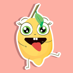 cartoon lemon vector image, sticker of cute lemon, funny character 