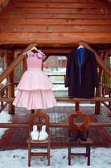 Fototapeta na wymiar Pink wedding dress on mannequin
