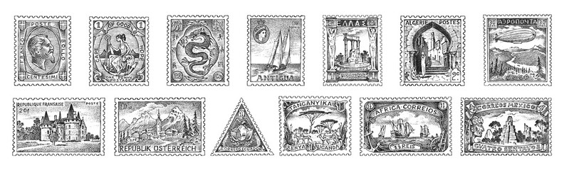 Vintage Postage stamps set. Ancient landscapes, dragon and sailing ship. Retro old Sketch. Monochrome Postcard. Hand drawn engraved retro mark, frames collection for print banner, poster and logo. 