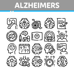 Alzheimers Disease Collection Icons Set Vector Thin Line. Brain And Drugs, Wheelchair And Man Silhouette With Alzheimers Illness Concept Linear Pictograms. Monochrome Contour Illustrations