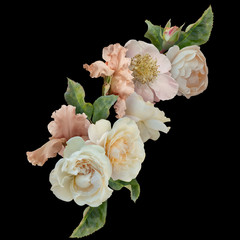 White roses, pink peony and iris isolated on black background. Floral arrangement, bouquet of garden flowers. 