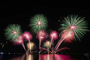 Fireworks display and showing of Pattaya International Fireworks Festival on Pattaya beach, Thailand.