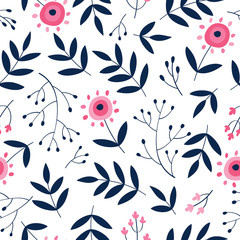 Fototapeta premium Simple floral seamless pattern with decorative flowers and leaves for textile, wallpapers, gift wrap and scrapbook. White background. Vector.