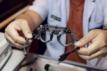 Eyesight check. Eye check equipment. Poor eyesight. Medical equipment for ophthalmology....