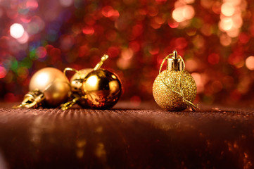 Toys and decor for Christmas tree. Gold balls.