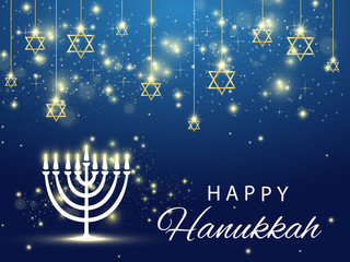 Hanukkah. Traditional Hanukkah holiday symbols. Star of David. Candles Minors. Blue background	