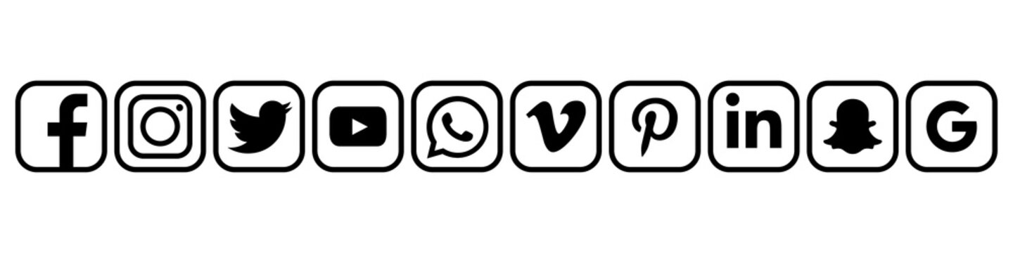 Facebook, Instagram, Twitter, Youtube, WhatsApp, Vimeo, Pinterest, Linkedin, Snapchat, Google - collection of popular social media icons. Editorial only. Kyiv, Ukraine - December 3, 2019