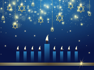 Fototapeta na wymiar Hanukkah. Traditional Hanukkah holiday symbols. Star of David. Candles Minors. Blue background 