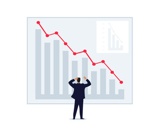A man throws up his hands looking at a graph of falling prices. World financial crisis, unsuccessful investment, failure, loss of money. Man on the stock exchange. Flat vector isolated on a white