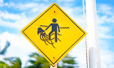 A yellow and black warning sign for dangerous marine stingers or jellyfish in tropical Australia at the beach. © MIA Studio