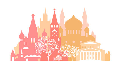 Russia, the city of Moscow. The architecture of the city. Spasskaya Tower, Cathedral of Christ the Savior, St. Basil's Cathedral, Bolshoi Theater, Moscow State University. Historic architecture. 