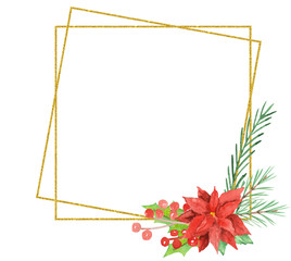 Watercolor christmas  frame with red flower poinsettia,berry, green  branches and gold lines on  a white background for template.  