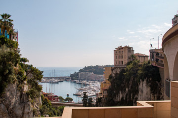 View of the marina and Monaco city with mountains around