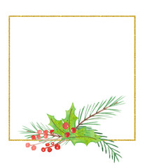 Watercolor  winter holiday gold frame with red berryes, green  branches and gold lines on  a white background for template and invitations.  