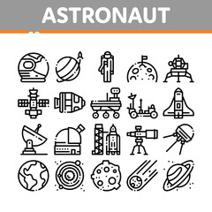 Astronaut Equipment Collection Icons Set Vector Thin Line. Astronaut Spacesuit And Helmet, Shuttle And Satellite, Rocket And Asteroid Concept Linear Pictograms. Monochrome Contour Illustrations