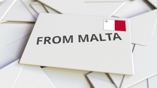 Letter with From Malta text on pile of other Letters. International mail related conceptual 3D animation