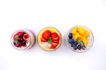 Chia pudding and fresh fruit smoothie, mango, berry, cherry