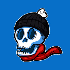 Smiling skull head wearing knitted beanie hat and scarf vector illustration character handrawn tattoo sticker design for winter season concept