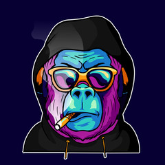 Cool face monkey smoke cigarette wear a glasses and hoodie jacket vector illustration. Pop art color animal gorilla head creative character mascot logo design © mnaufal design