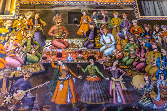Isfahan, Iran - October 20, 2016: Painting of King of Turkistan visits Shah Abbas I inside the Chehel Sotoun pavilion in Isfahan city