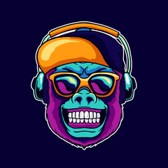 Monkey smile wear cool glasses and cap hat listening dope music on the headphone speaker vector illustration. Pop art color style animal gorilla head logo design for creative DJ sound producer studio.