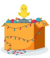 The cat is hiding in a box. A bird on the cat's head. Christmas card. Template for the sale of Christmas goods. Seasonal sale. Isolated on white background.