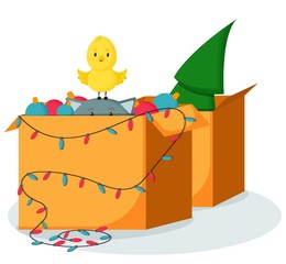 The cat is hiding in a box with Christmas toys. A bird on the cat's head. Christmas tree in a box in the background. Christmas card. Template for the sale of Christmas goods. Seasonal sale. 