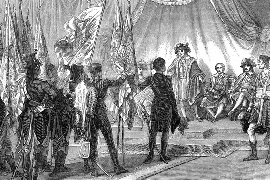 Murat presents to the directory the flags conquered by the army of Italy. Antique illustration. 1890.