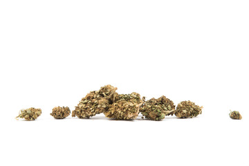 Macro of dried bud of marijuana of different sizes , isolated on white background. Dry cannabis. Copy space